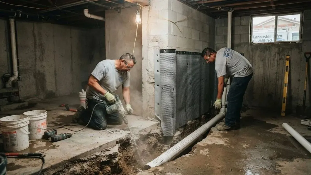 Two workers installing an interior drain system in a concrete basement