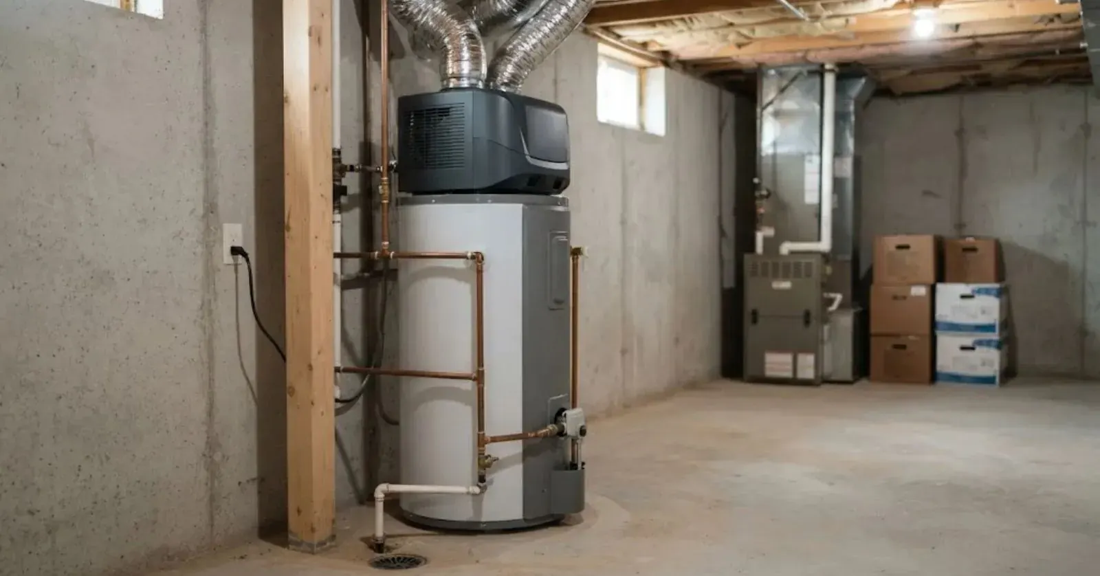 Gas water heater in a basement with a vent pipe running up to the ceiling