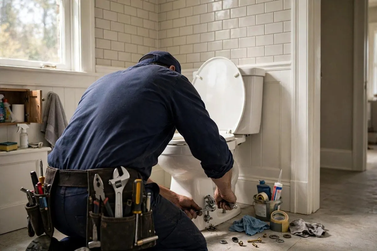 Plumber in a navy uniform repairing a toilet in a tiled bathroom