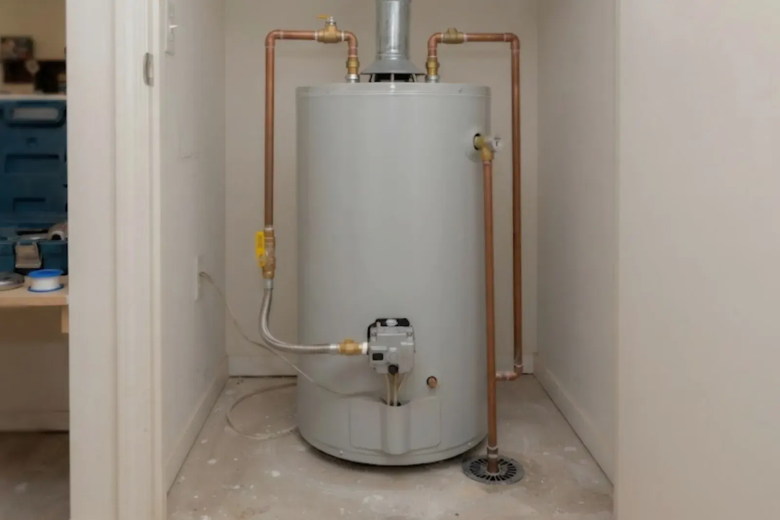Tank water heater in a utility closet with copper supply lines and a gas line