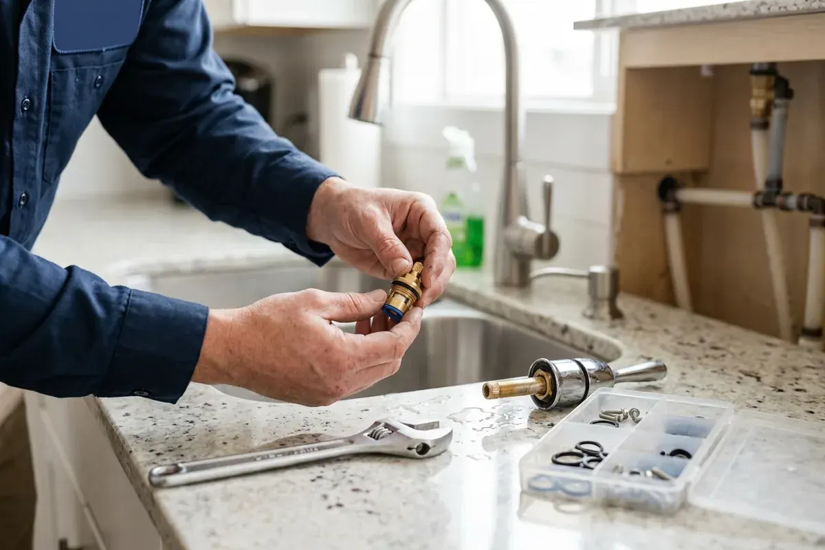 Plumber replacing faucet cartridge parts at a kitchen sink with tools laid out