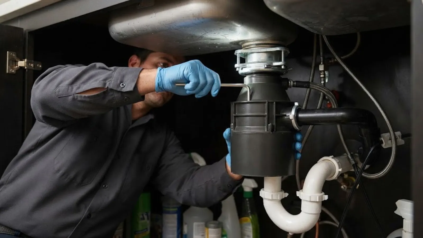 Plumber in gloves working on a garbage disposal under a kitchen sink