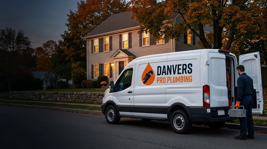 White Danvers Pro Plumbing van parked outside a colonial house at dusk while a plumber in a navy uniform carries a toolbox to the open rear doors