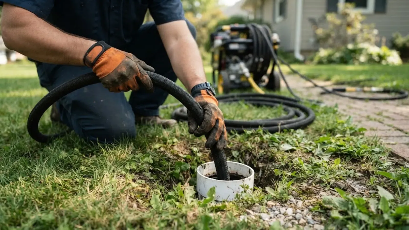 Plumber guiding a hydro jetting hose into a cleanout in a lawn beside a house