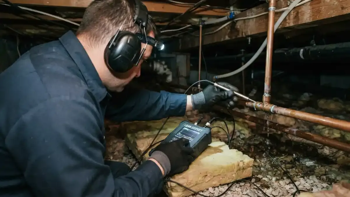 Technician wearing headphones using a listening device on pipes in a crawl space