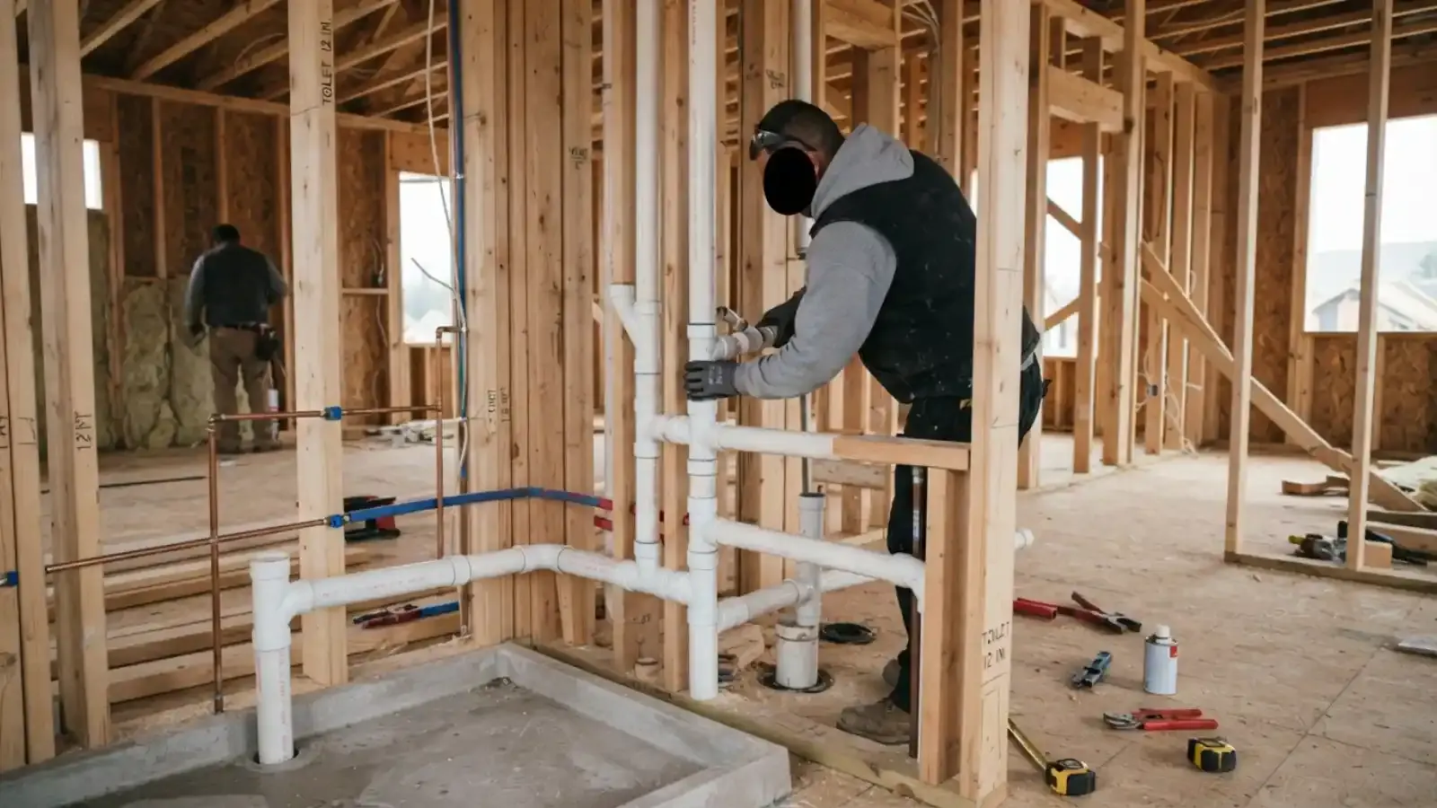 Drain and supply plumbing roughed in to a framed wall during a remodel