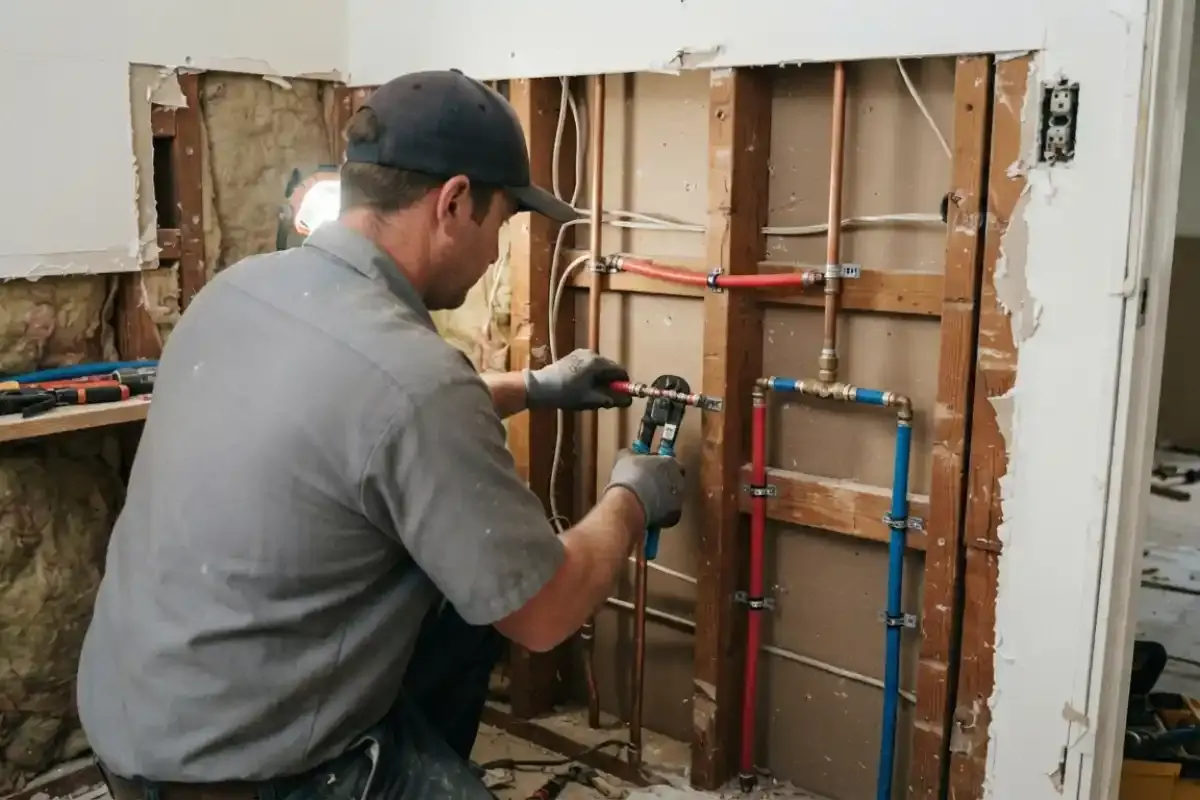 Plumber installing new PEX supply lines inside an opened wall
