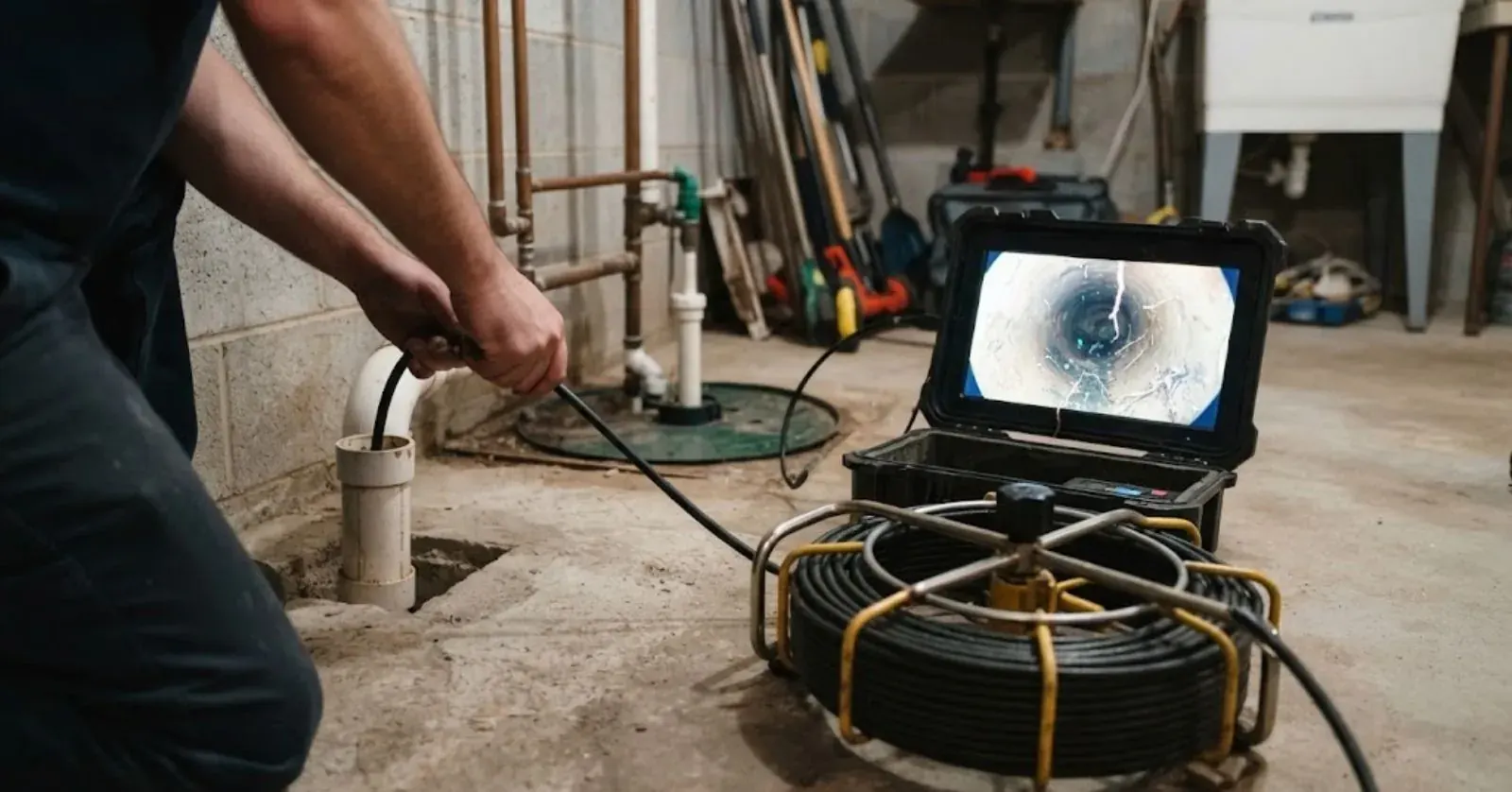 Technician feeding a camera cable into a basement drain beside the inspection monitor