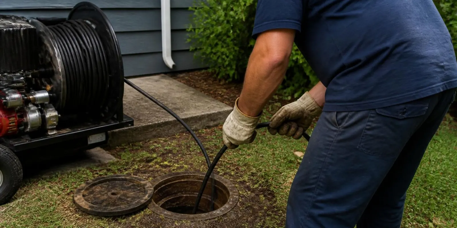 Plumber feeding a cable from a reel into a yard cleanout beside a house