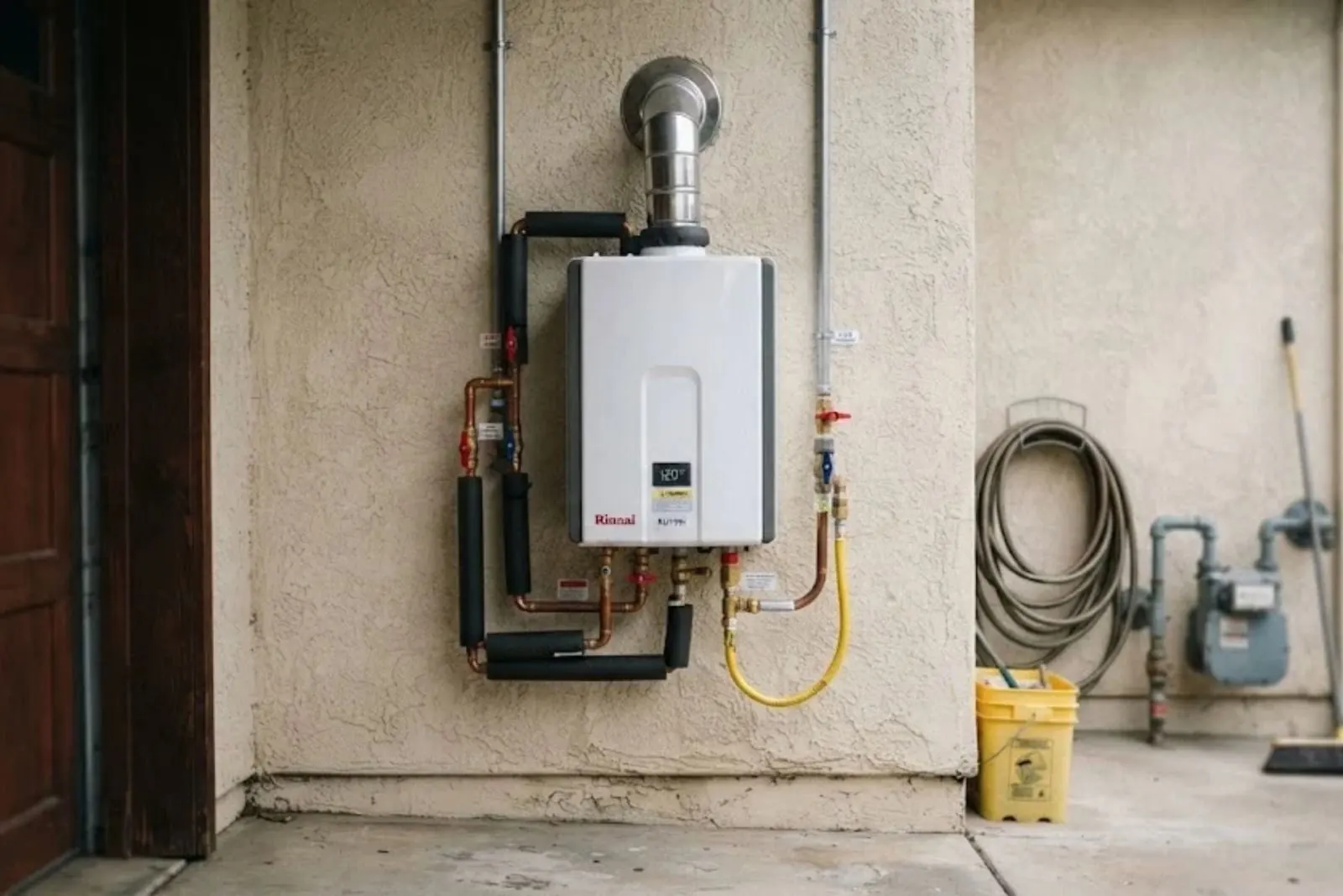 Wall-mounted tankless water heater with gas and water lines in a garage