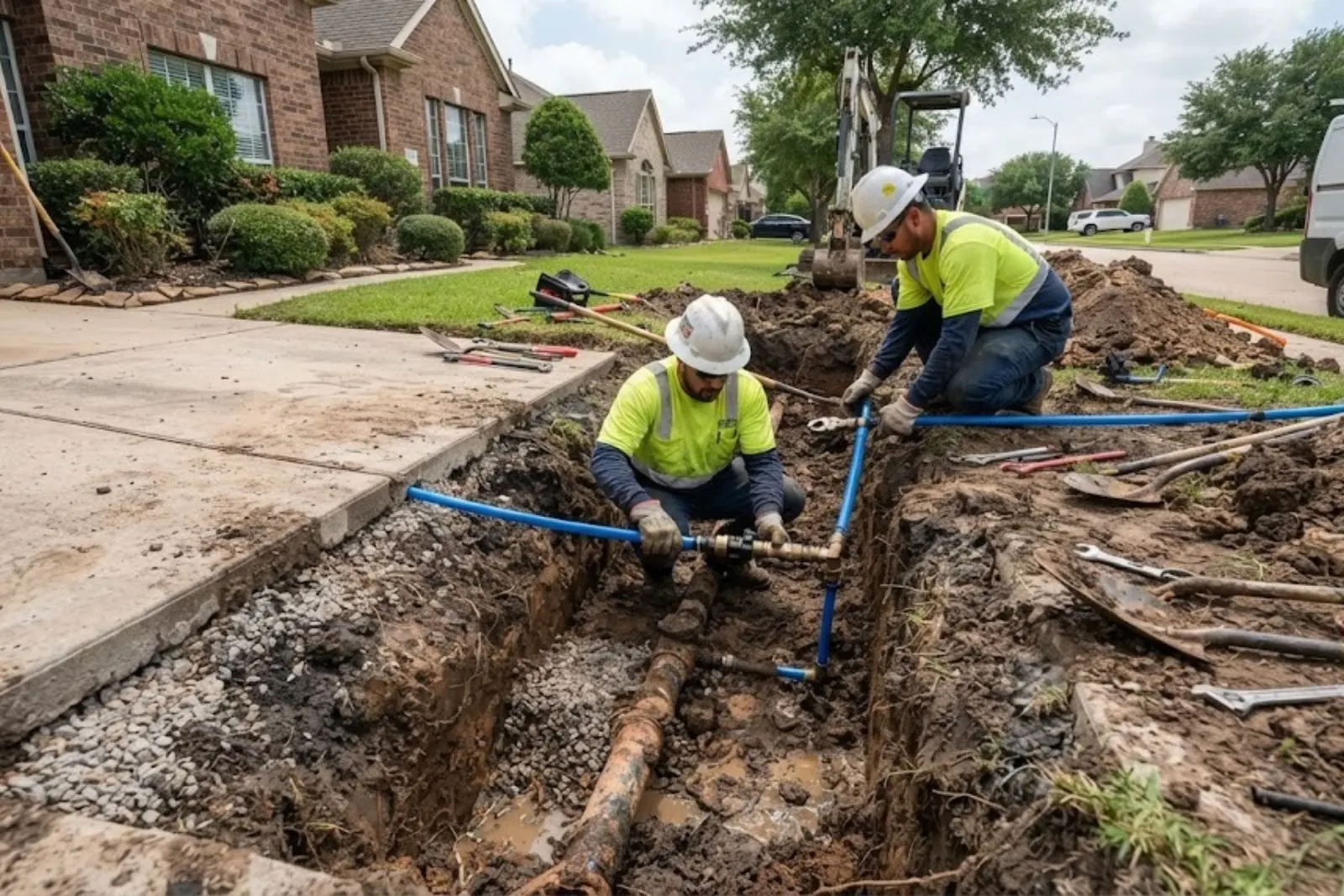 Two workers laying a new blue water service line in a trench in a front yard