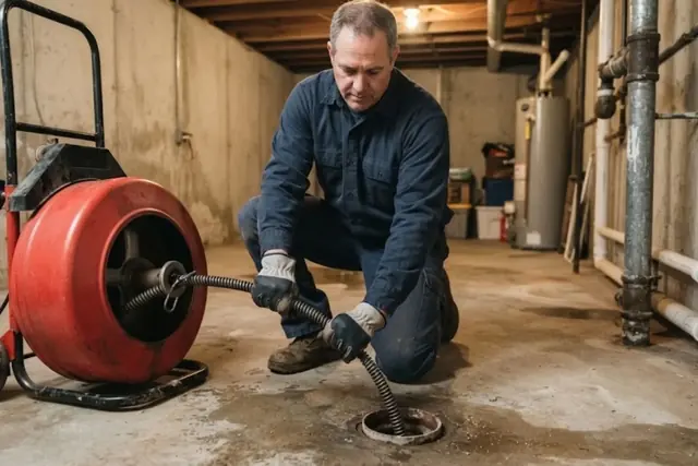 Plumber kneeling in a basement running a red drum drain machine into a floor drain