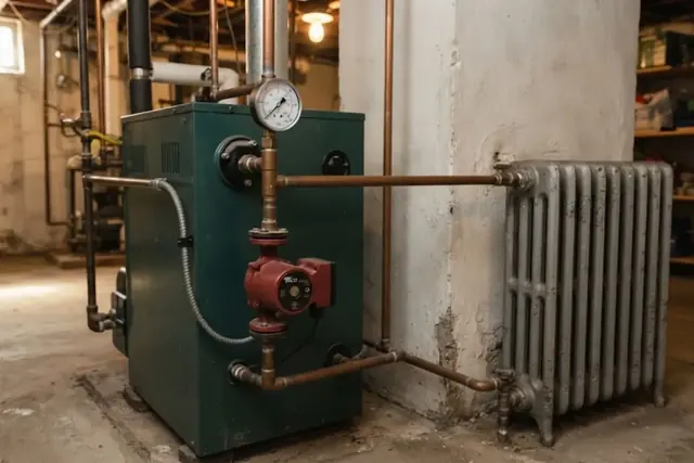 Older green hot water boiler with gauge, circulator pump and cast iron radiator in a basement