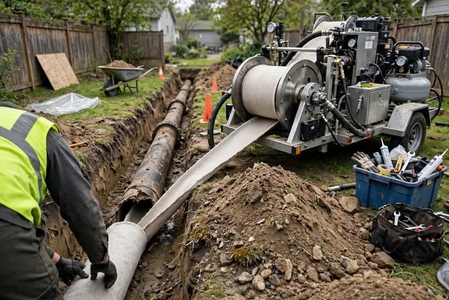 Crew laying a new sewer pipe in an open yard trench with a pipe machine