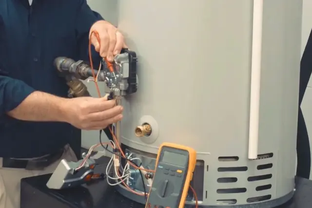 Technician checking the wiring of a gas water heater with a multimeter
