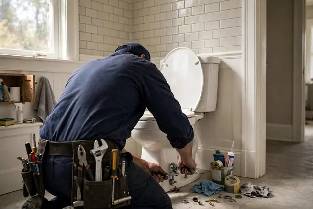 Plumber in a navy uniform repairing a toilet in a tiled bathroom