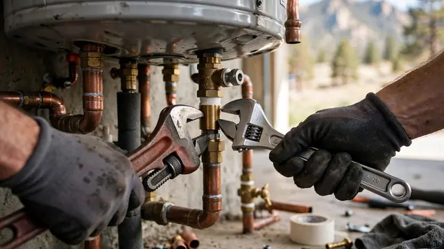 Plumber tightening copper water heater connections with pipe wrenches