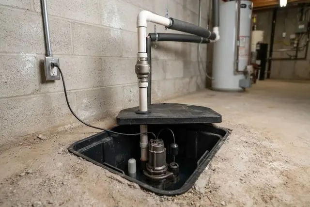 Sump pit with pump, discharge pipe and battery backup in a basement