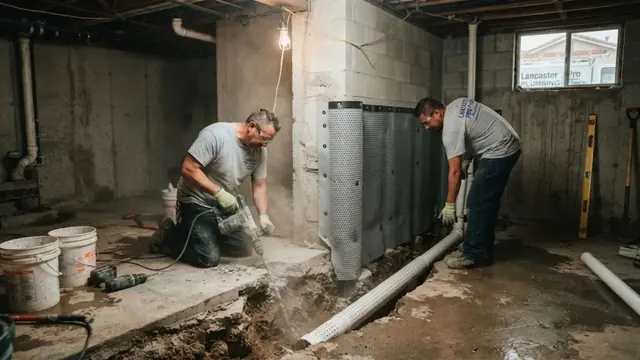 Two workers installing an interior drain system in a concrete basement